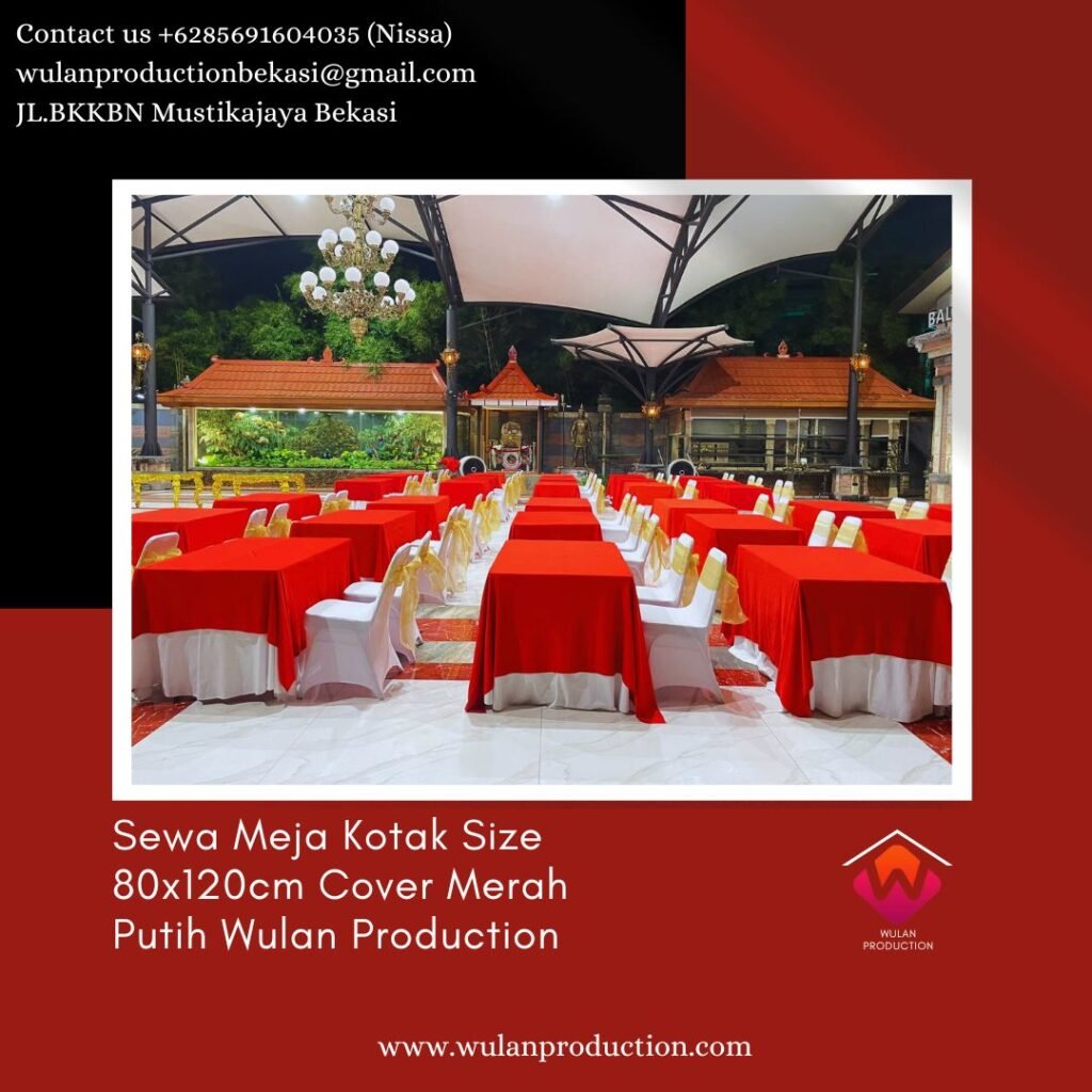 Sewa Meja Kotak Size 80x120cm Cover Merah Putih Di Bekasi