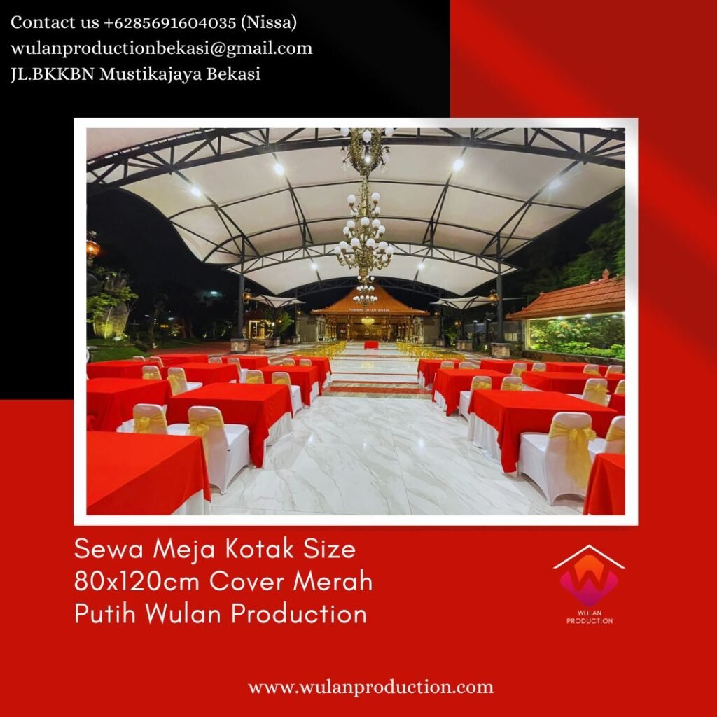 Sewa Meja Kotak Size 80x120cm Cover Merah Putih Di Bekasi