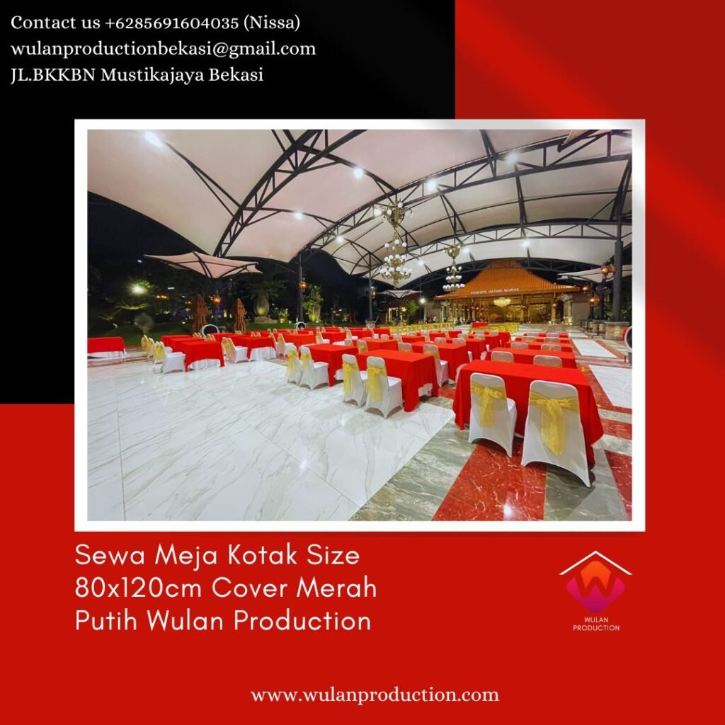 Sewa Meja Kotak Size 80x120cm Cover Merah Putih Di Bekasi