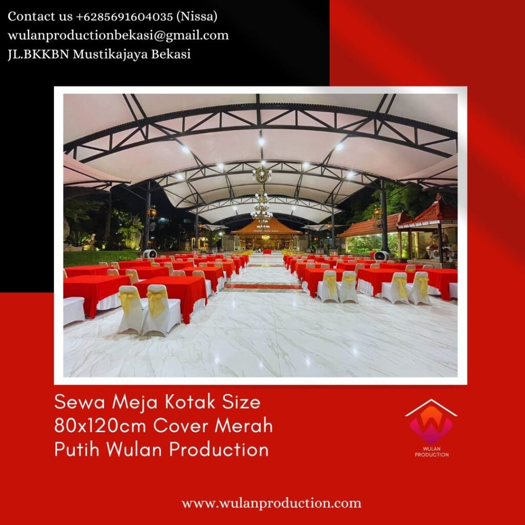 Sewa Meja Kotak Size 80x120cm Cover Merah Putih Di Bekasi