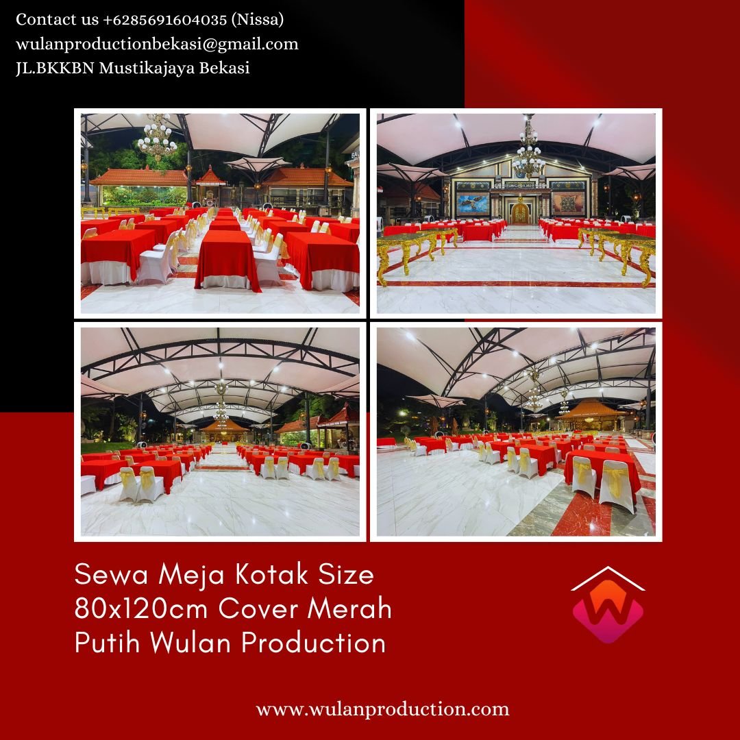 Sewa Meja Kotak Size 80x120cm Cover Merah Putih Di Bekasi