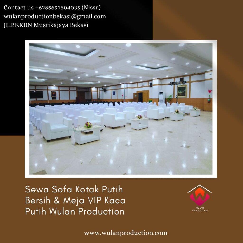 Sewa Sofa Kotak Putih Bersih & Meja VIP Kaca Putih di Karawang Timur