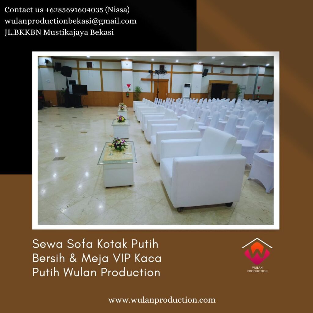 Sewa Sofa Kotak Putih Bersih & Meja VIP Kaca Putih di Karawang Timur