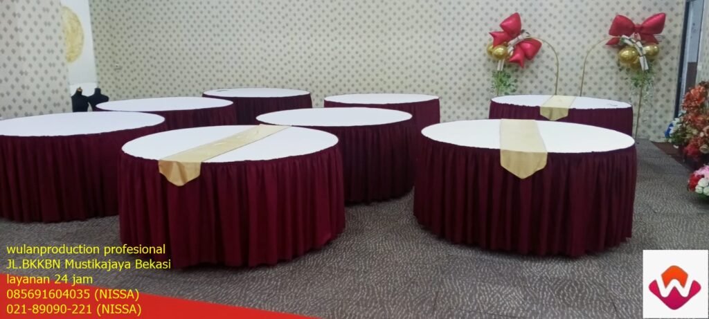 Rental Round Table Taplak Marun Putih Runner Gold karawang