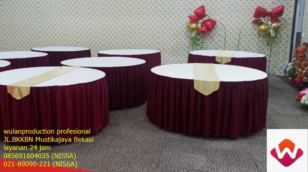 Rental Round Table Taplak Marun Putih Runner Gold karawang