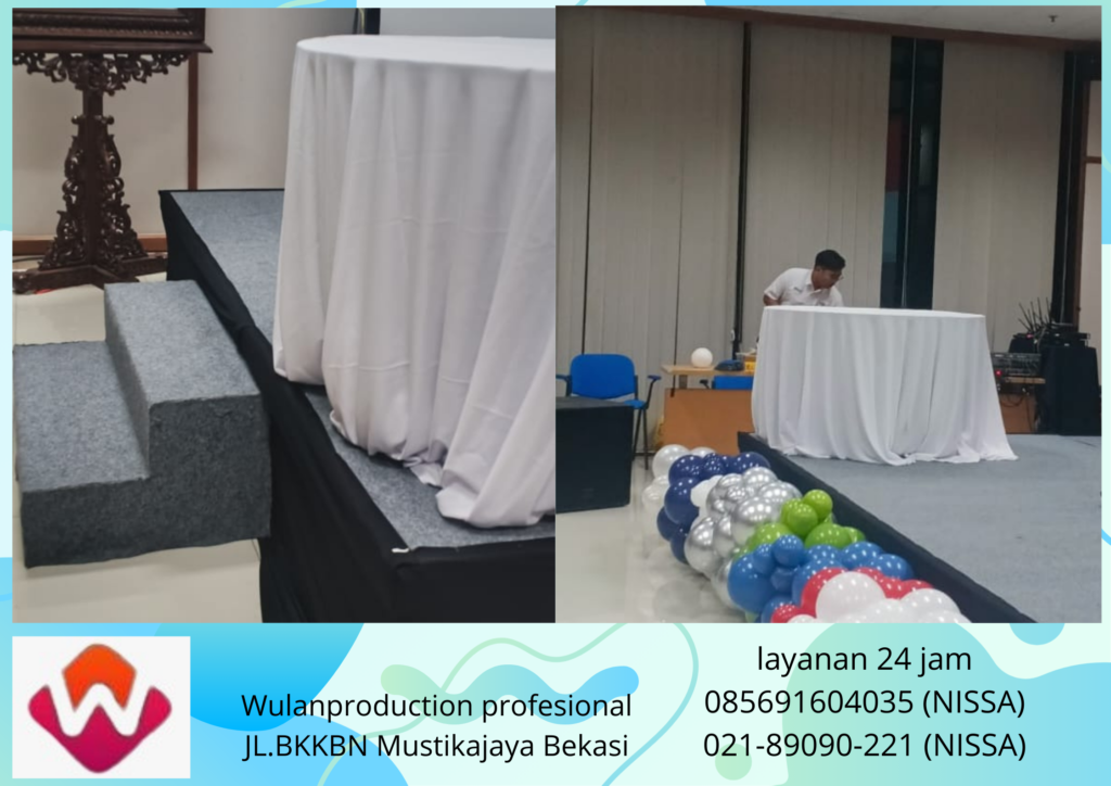 Rental Panggung Karpet Abu-Abu dan Meja Bulat Cover Jakarta