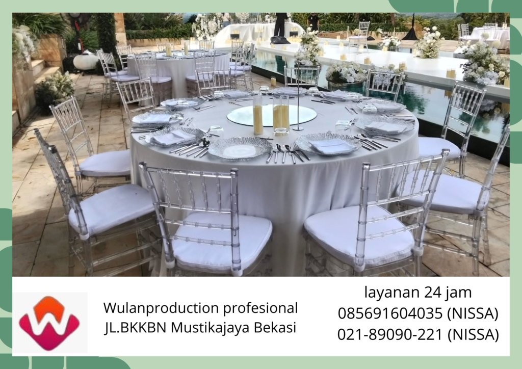 Jasa sewa Kursi Tiffany Acrylic meja bulat Cover Putih Bandung