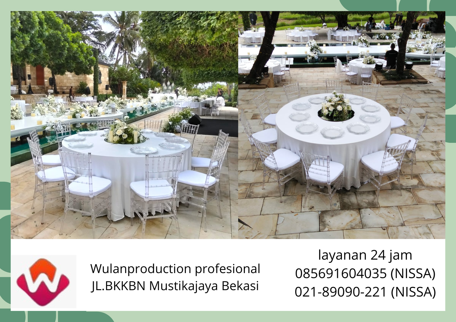 Jasa sewa Kursi Tiffany Acrylic meja bulat Cover Putih Bandung