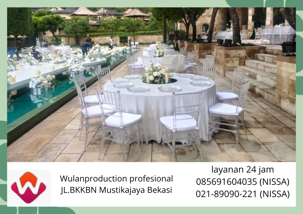 Jasa sewa Kursi Tiffany Acrylic meja bulat Cover Putih Bandung