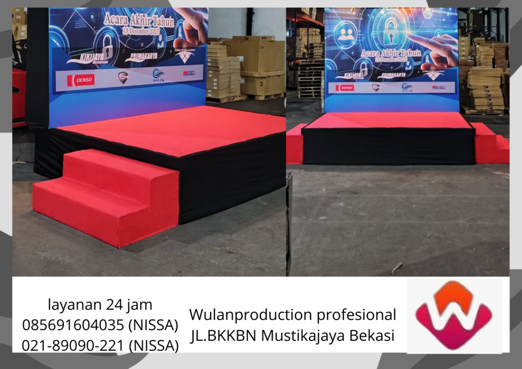 Rental Panggung Cover Karpet Merah Poni Hitam karawang 