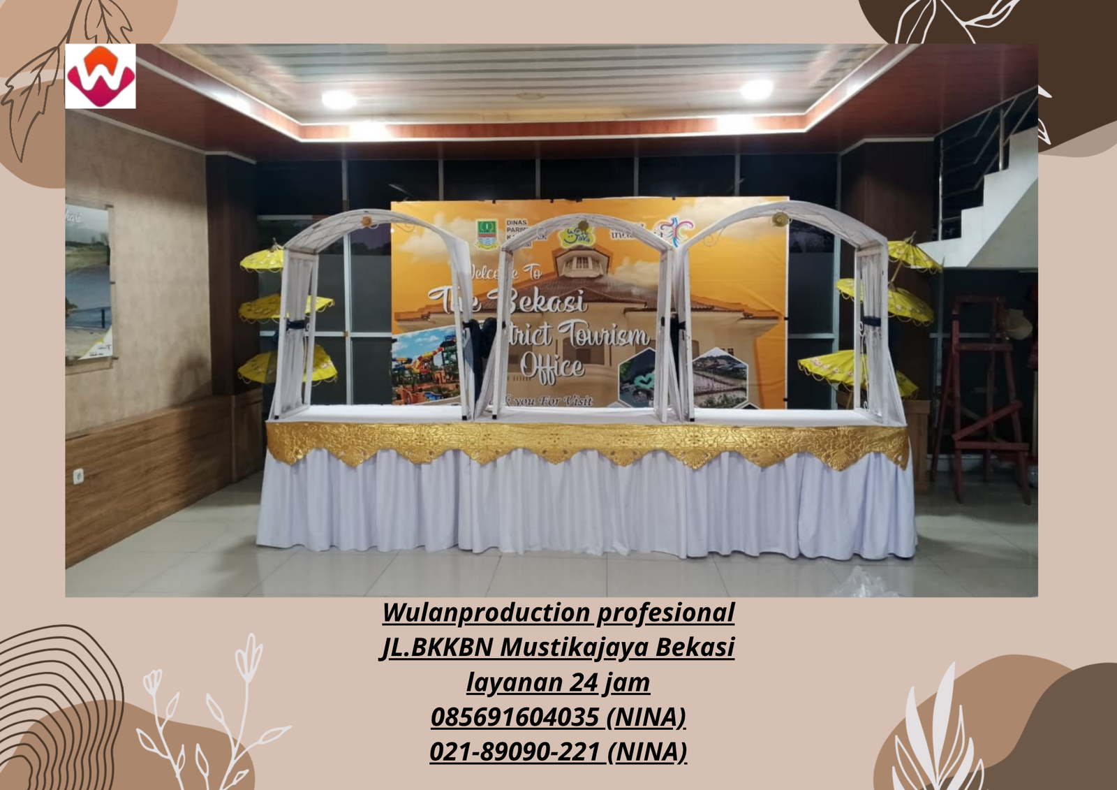 Sewa MEJA GUBUKAN Poni Gold Cover putih Jakarta