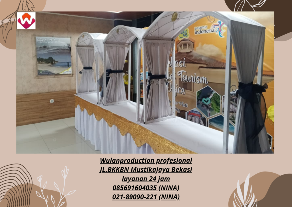Sewa MEJA GUBUKAN Poni Gold Cover putih Jakarta