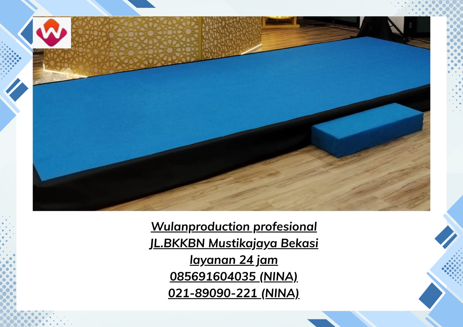 Sewa PANGGUNG FIN KARPET BIRU TIRAI MELAMINTO Kedoya