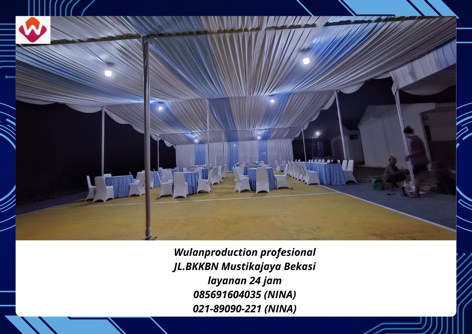 Sewa TENDA Dekorasi Kain Rempel Biru Putih Jakarta
