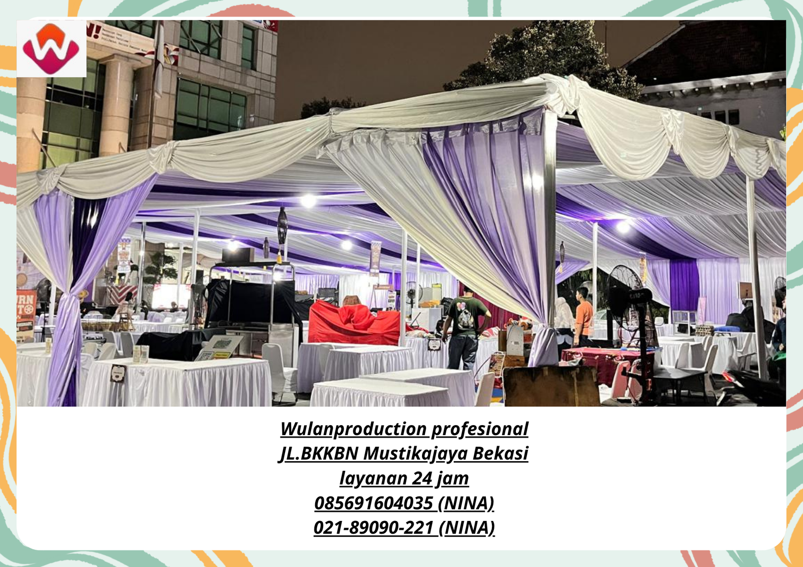 Sewa TENDA Serut Kain Ungu Putih Cikarang Bekasi