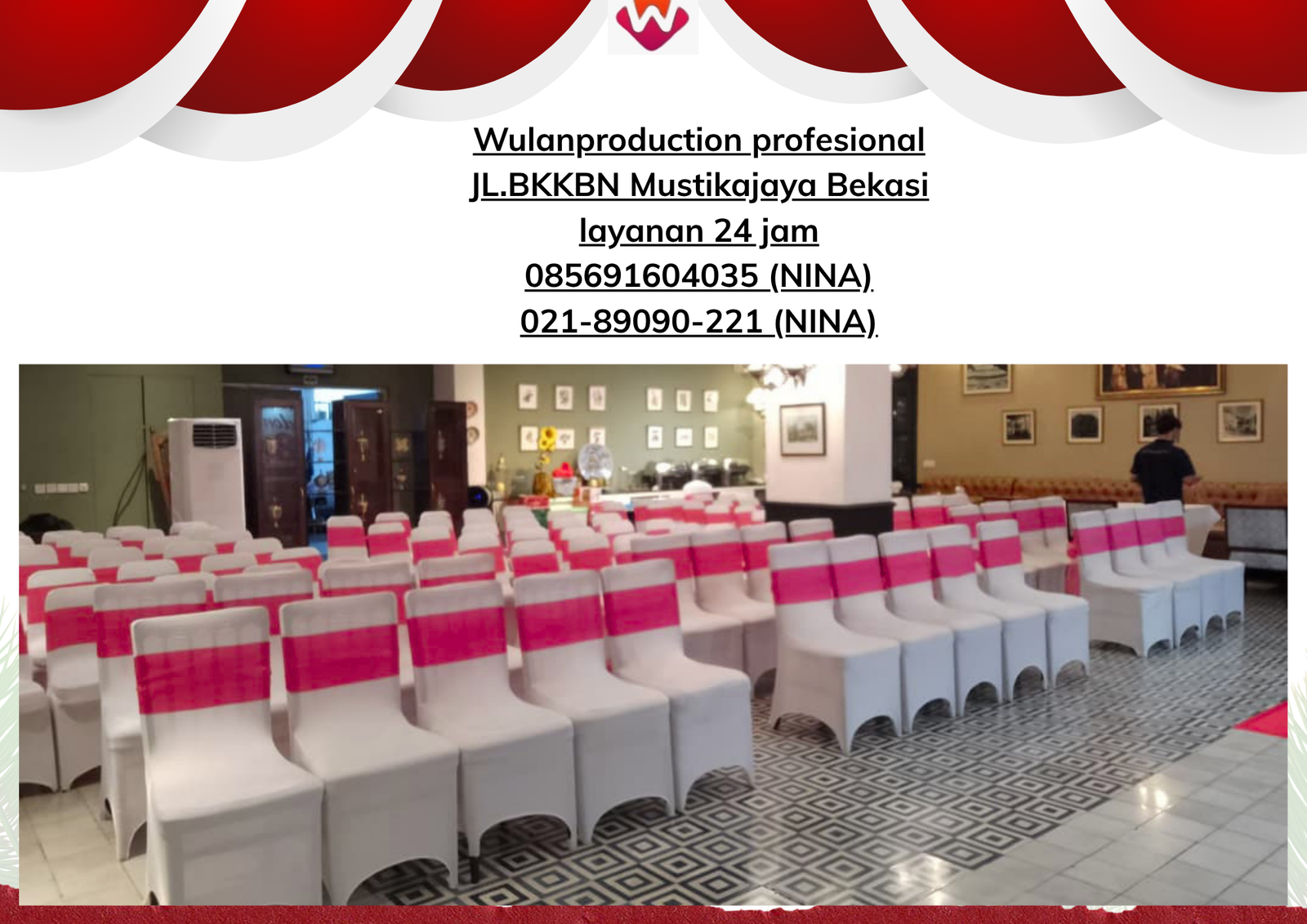 Sewa KURSI COVER PUTIH PITA MERAH  Jakarta (No.HP 085691604035 / 021-89090-221)