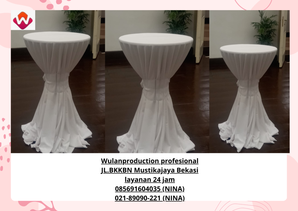 Sewa MEJA BAR Cover Tebar Putih Ikat Pita Jakarta Pusat