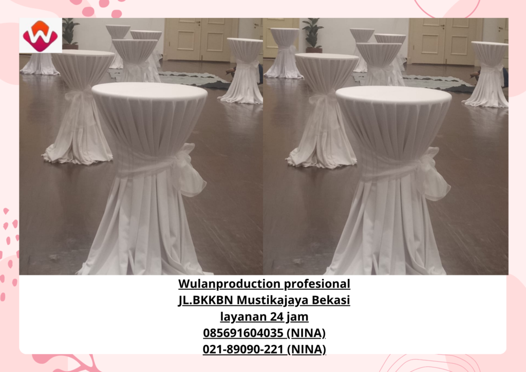 Sewa MEJA BAR Cover Tebar Putih Ikat Pita Jakarta Pusat