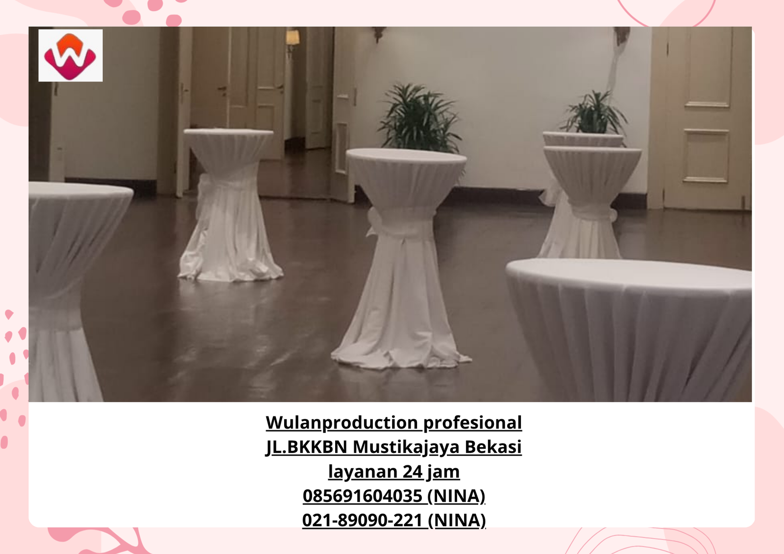 Sewa MEJA BAR Cover Tebar Putih Ikat Pita Jakarta Pusat