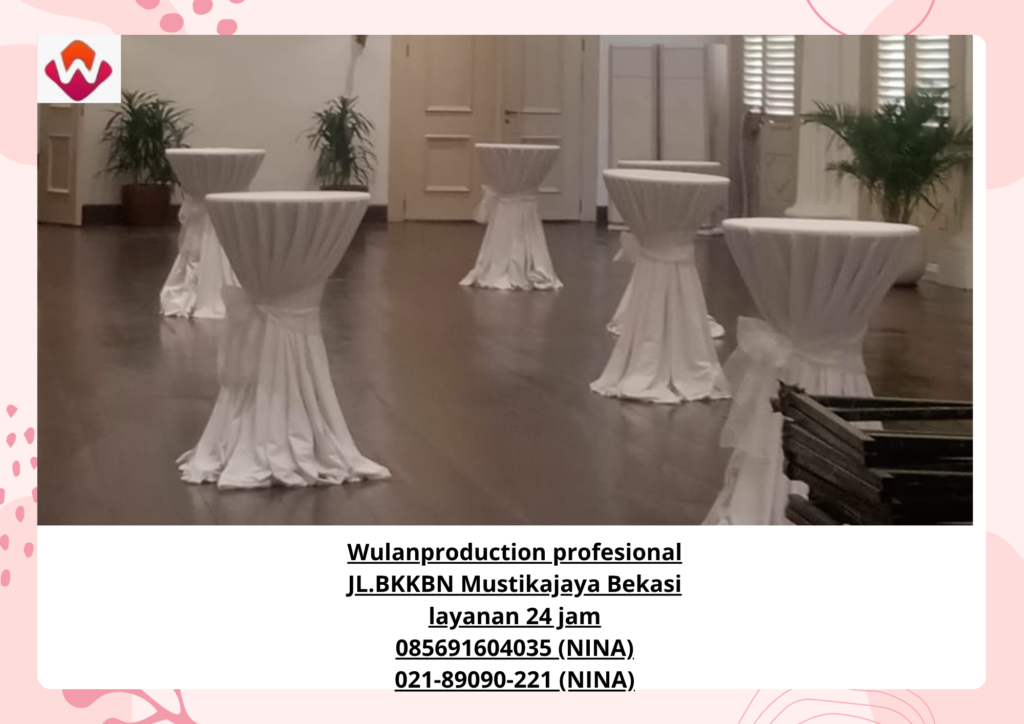 Sewa MEJA BAR Cover Tebar Putih Ikat Pita Jakarta Pusat