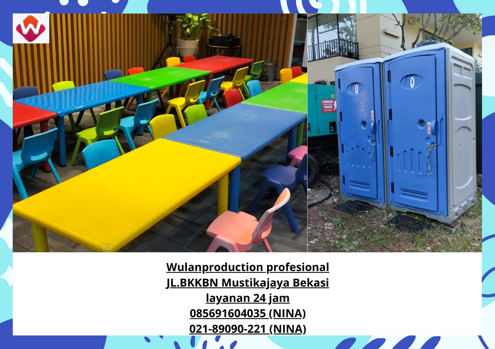 Sewa MEJA KURSI Anak Warna-Warni Dan TOILET Portable Bogor